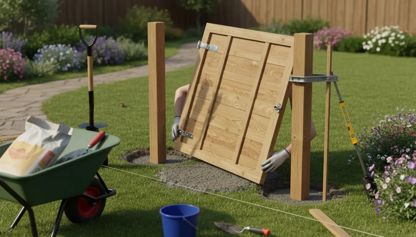 Ny firkantet træhavelåge og to stolper, der støbes i jorden ved en havegang med værktøj og våd beton.