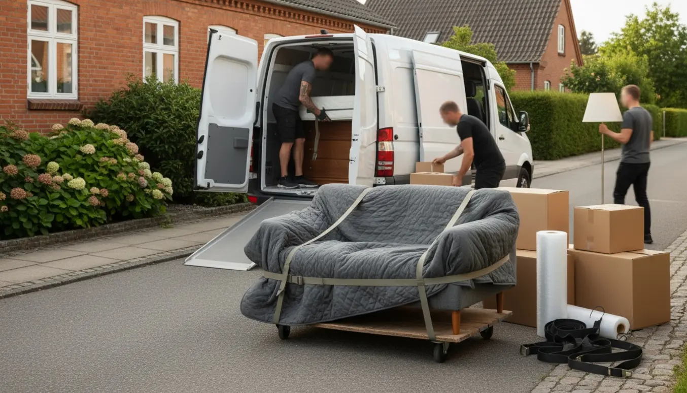 Flyttefolk læsser en hvid lejet varevogn med møbler og flyttekasser foran et rødt murstenshus i Aars.