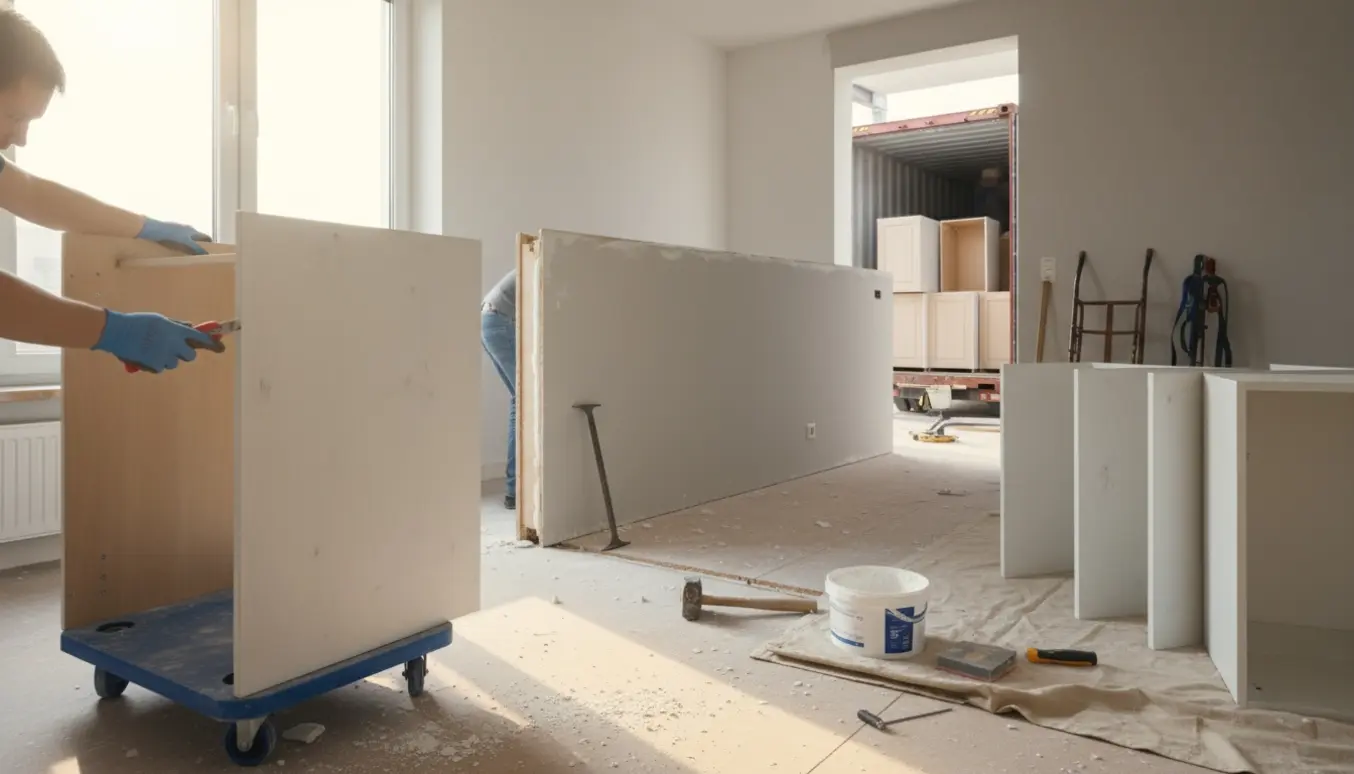Lejlighed under renovering med syv vægskabe taget ned og en let 3 meter skillevæg delvist fjernet, værktøj og skabe klar til bortskaffelse.