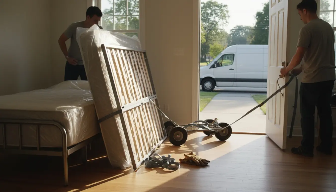 En enkeltseng på stueplan pakkes og løftes ud mod en varevogn i de tidlige morgentimer.