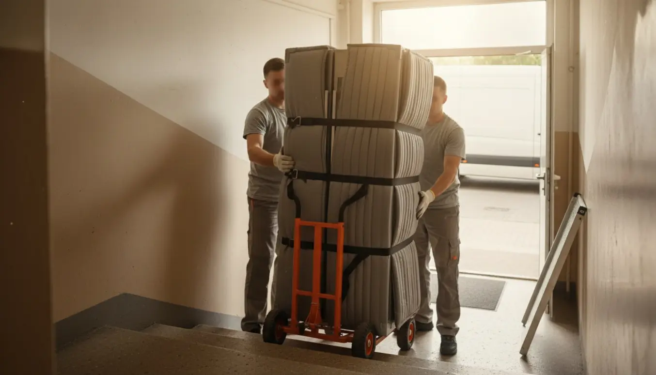 Flyttefolk bærer et indpakket køle-fryseskab ned ad en trappe mod en varevogn til levering.