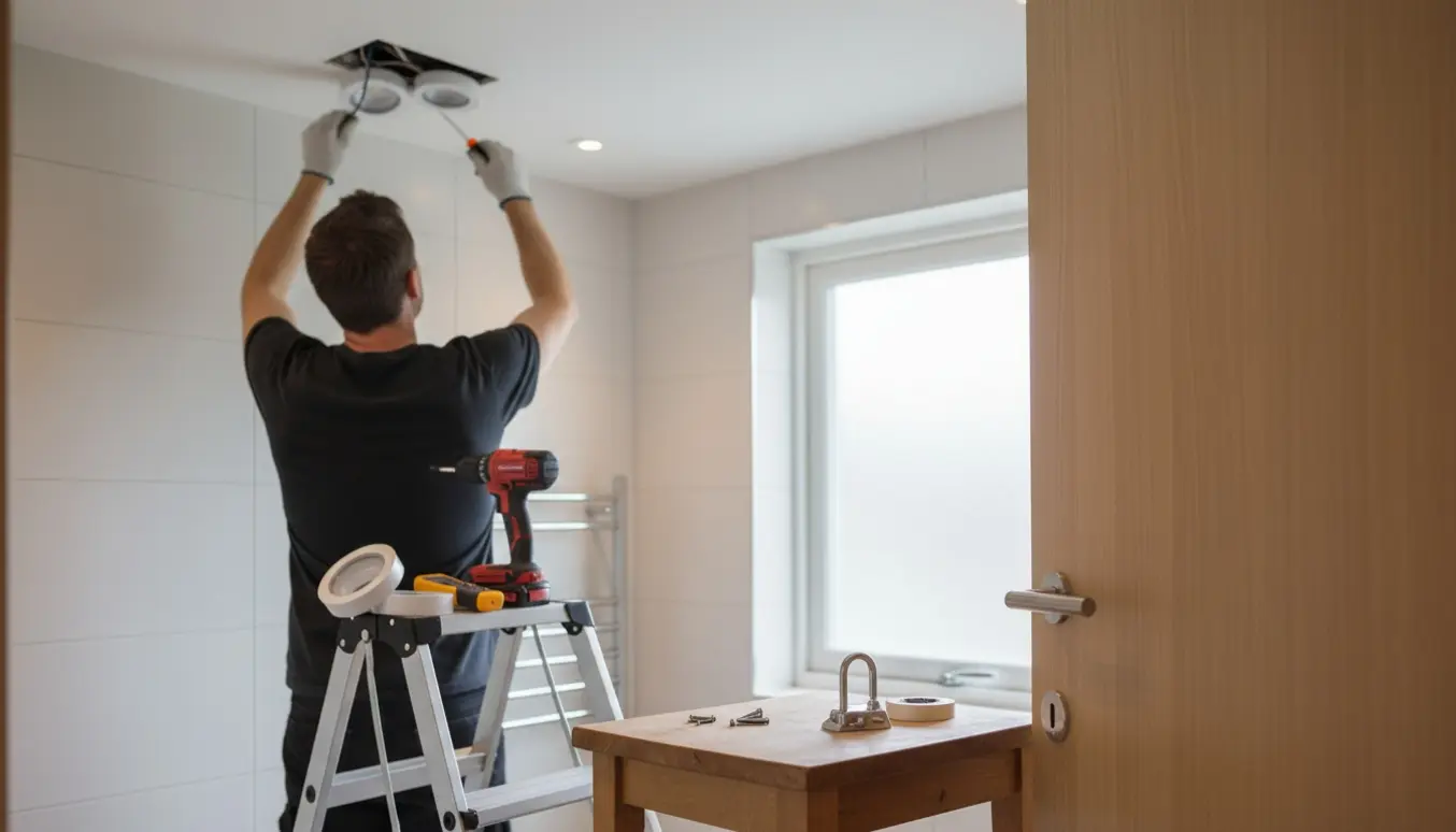 Hænder på en stige skifter to indbyggede spots i et lyst badeværelse med værktøj og låsebeslag klar til montering.