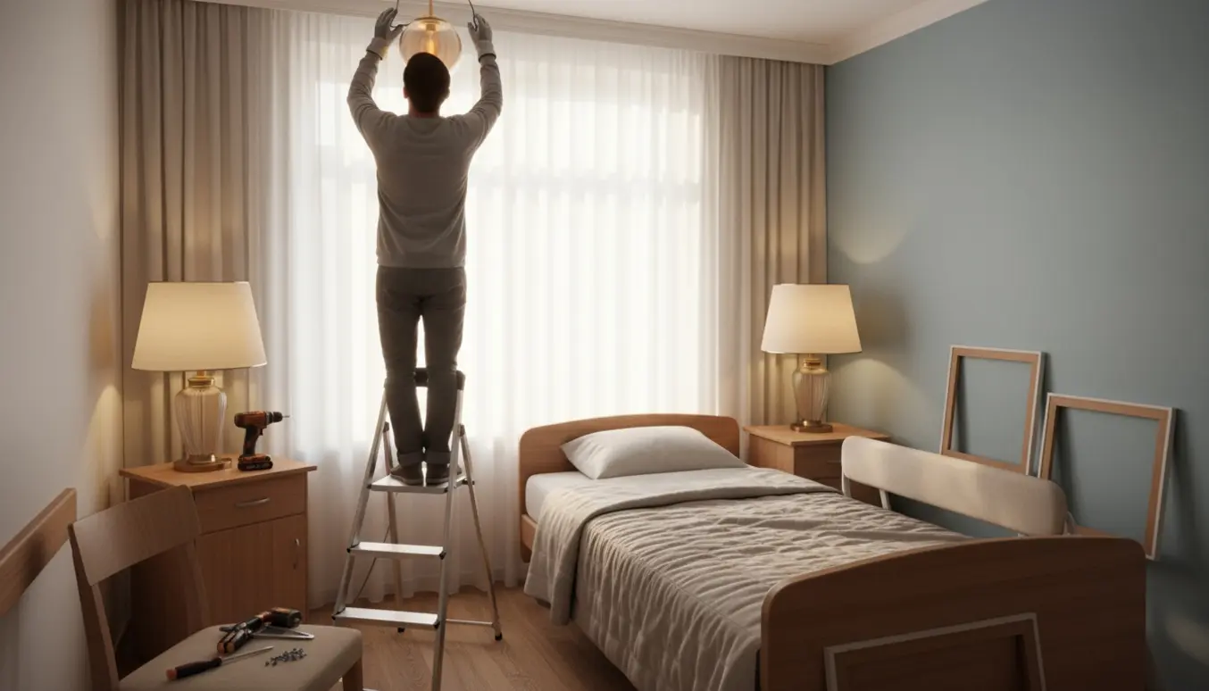 Elektriker monterer en loftlampe i et hyggeligt plejehjemsværelse med sengelamper på natbordene.