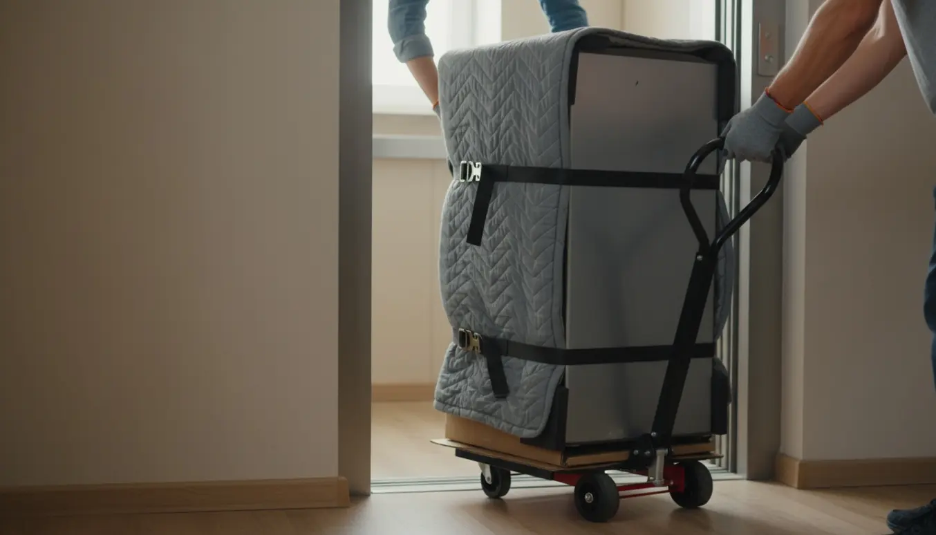 Et lille køleskab på en bærevogn står oprejst i en elevator, dækket af flyttetæpper og spændt fast, hænder fra hjælpere er synlige uden ansigter.