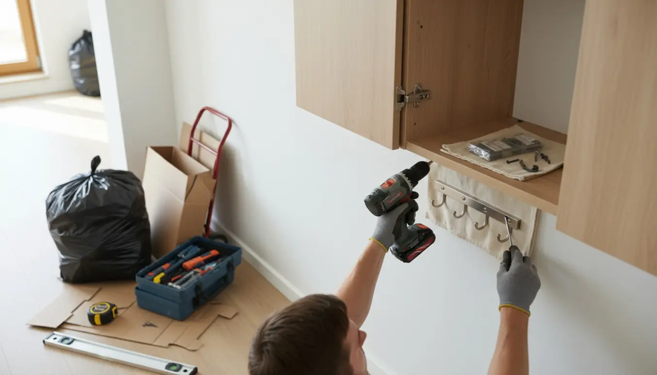Nærbillede af hænder, der monterer et vægskab med værktøj og affald klar til bortkørsel.