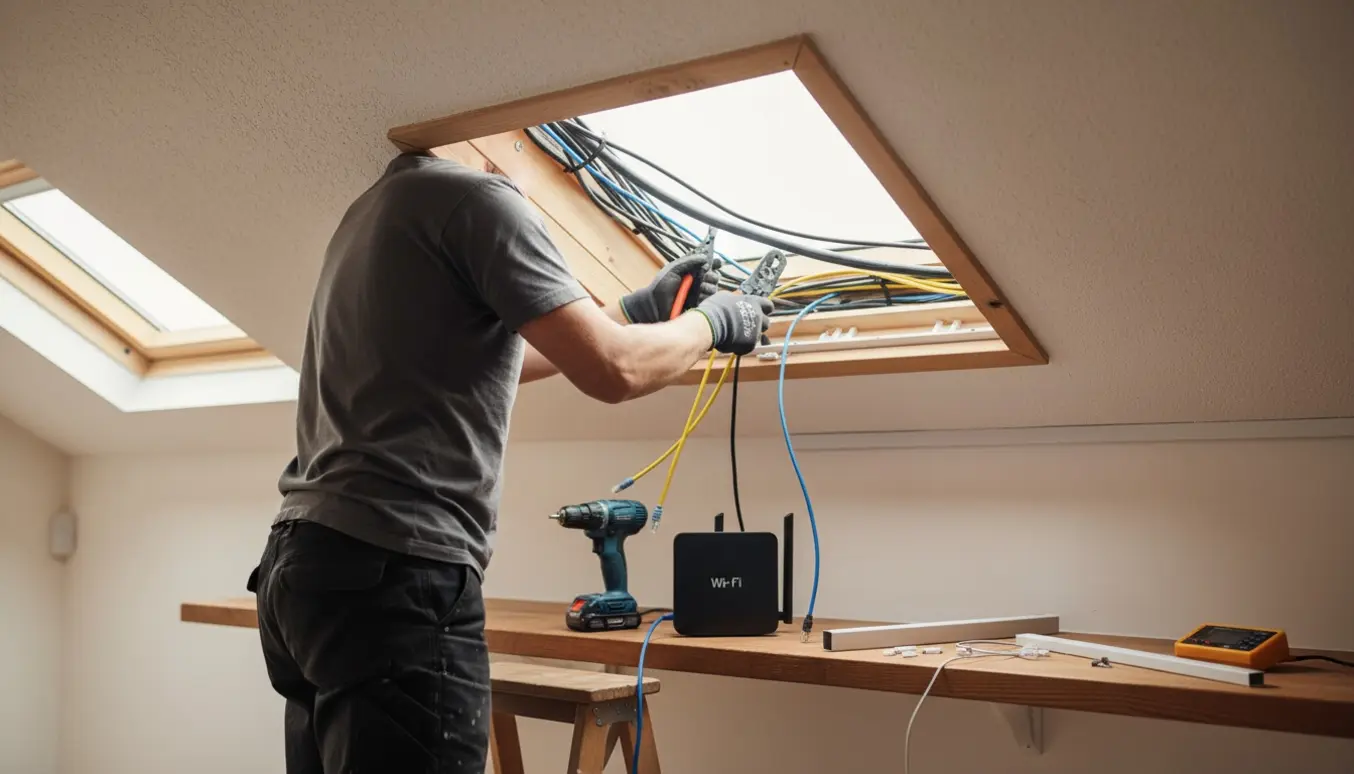Tekniker ordner antenne- og netværkskabler i loftet og fører dem pænt ned til en router.