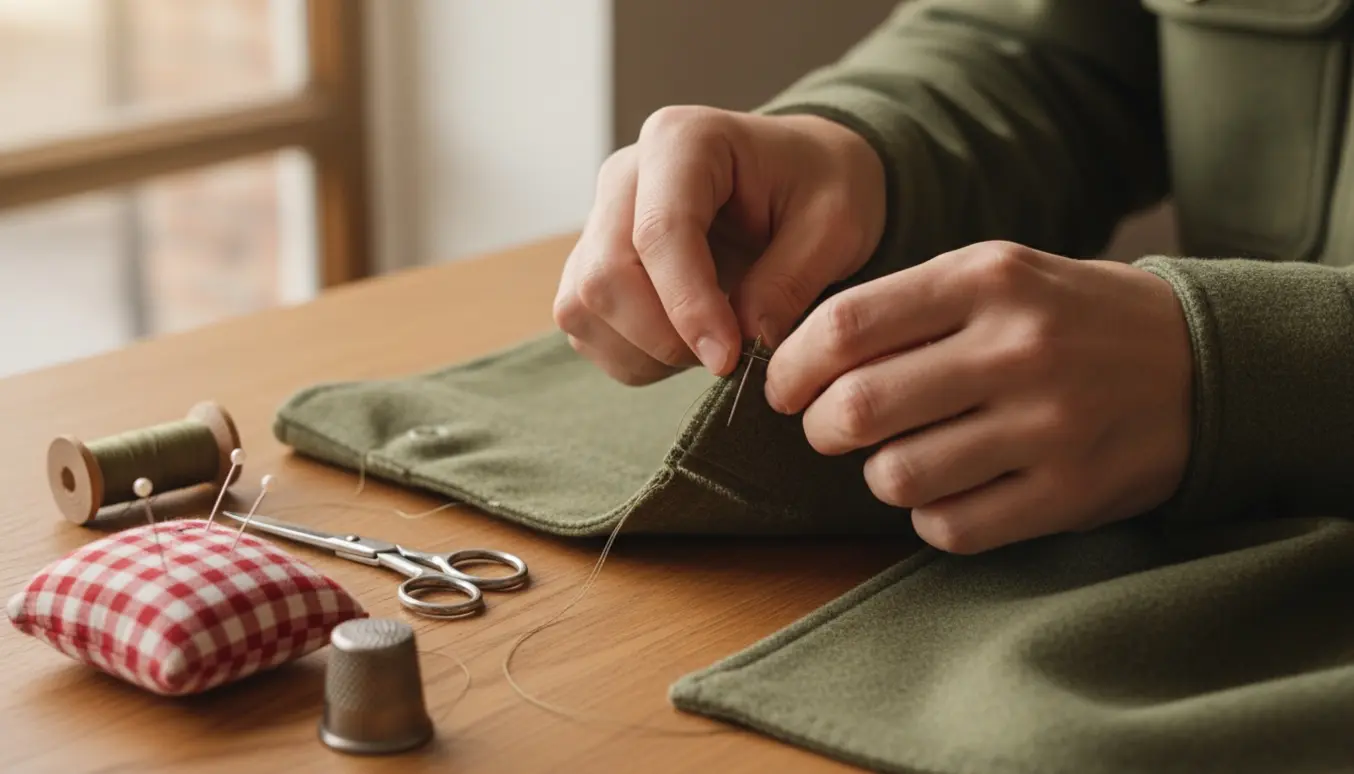 Nærbillede af hænder, der syr en revnet ærmesøm på en uld-overshirt ved et solbelyst træbord.