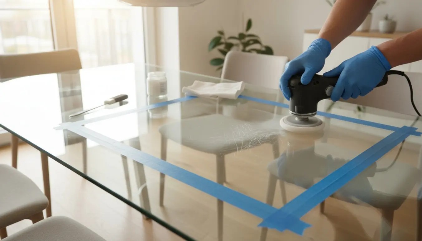 Hænder polerer ridser væk fra et stort glasbord med polermaskine og klude i et lyst, moderne rum.