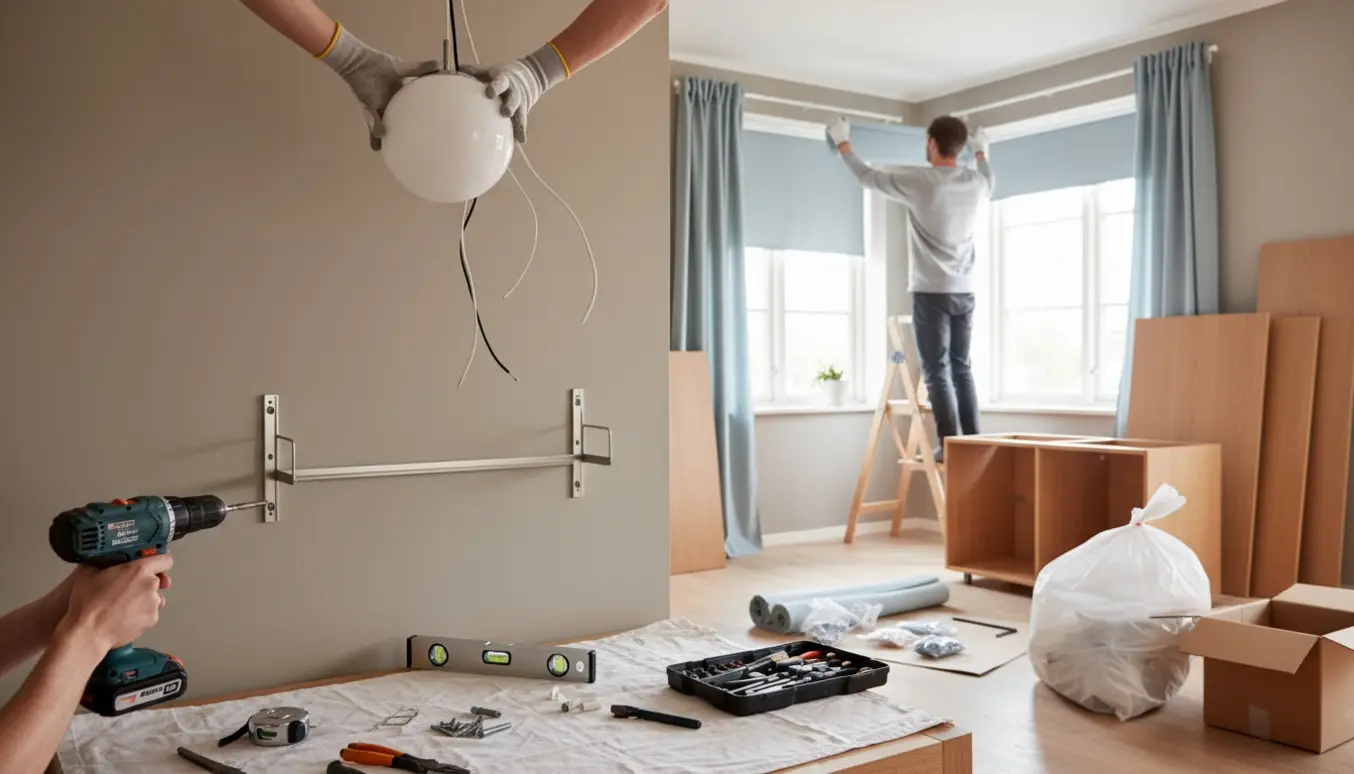 Hænder monterer hylde og gardiner i en lys stue med værktøj og pakning klar til afhentning.