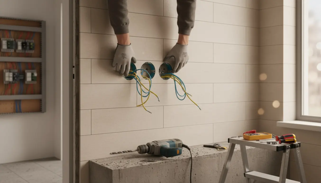 Elektrikerens hands monterer to stikkontakter i et flisebadeværelse, med relæ synligt på den anden side af væggen og betonstøv fra boring.