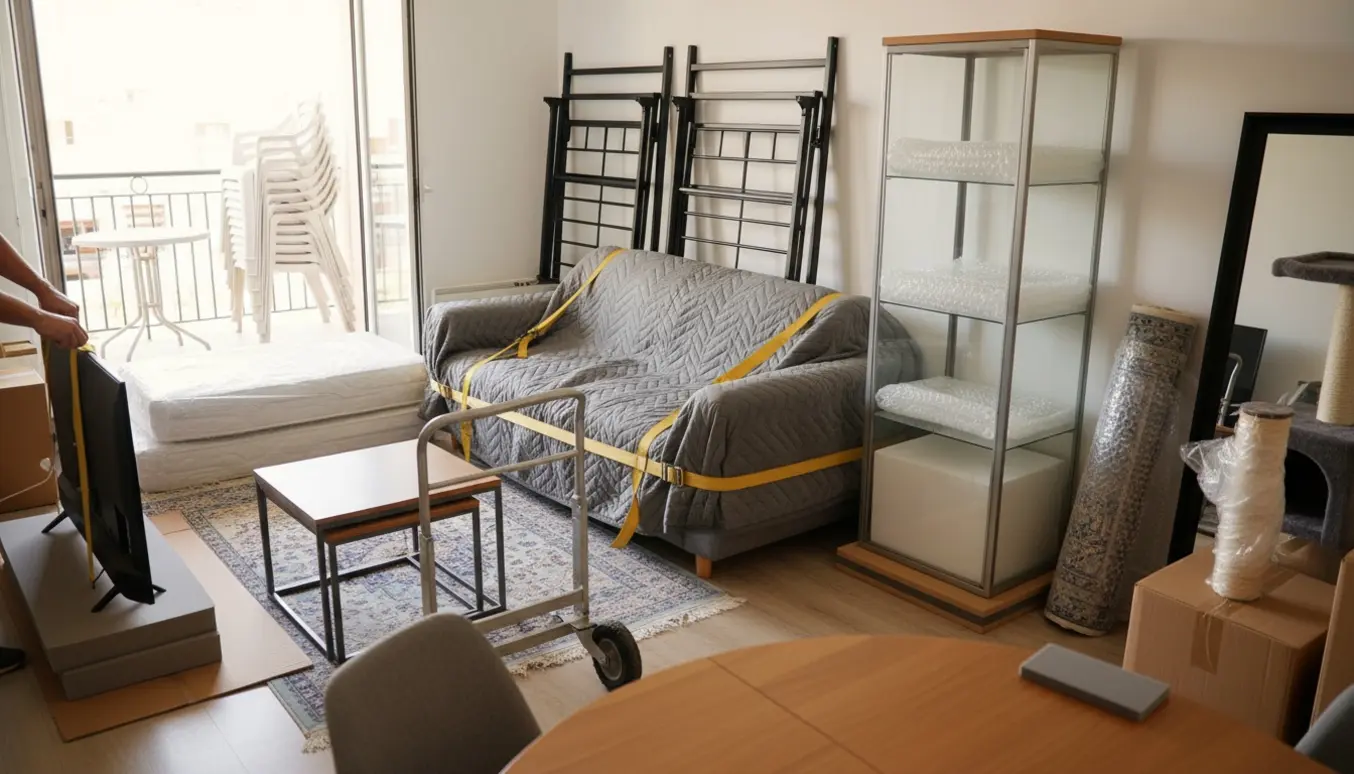 Stue med møbler og pakkede flyttekasser klar til flytning, inklusiv beskyttede sofaer, vitrineskab og et stort fladskærms-tv.