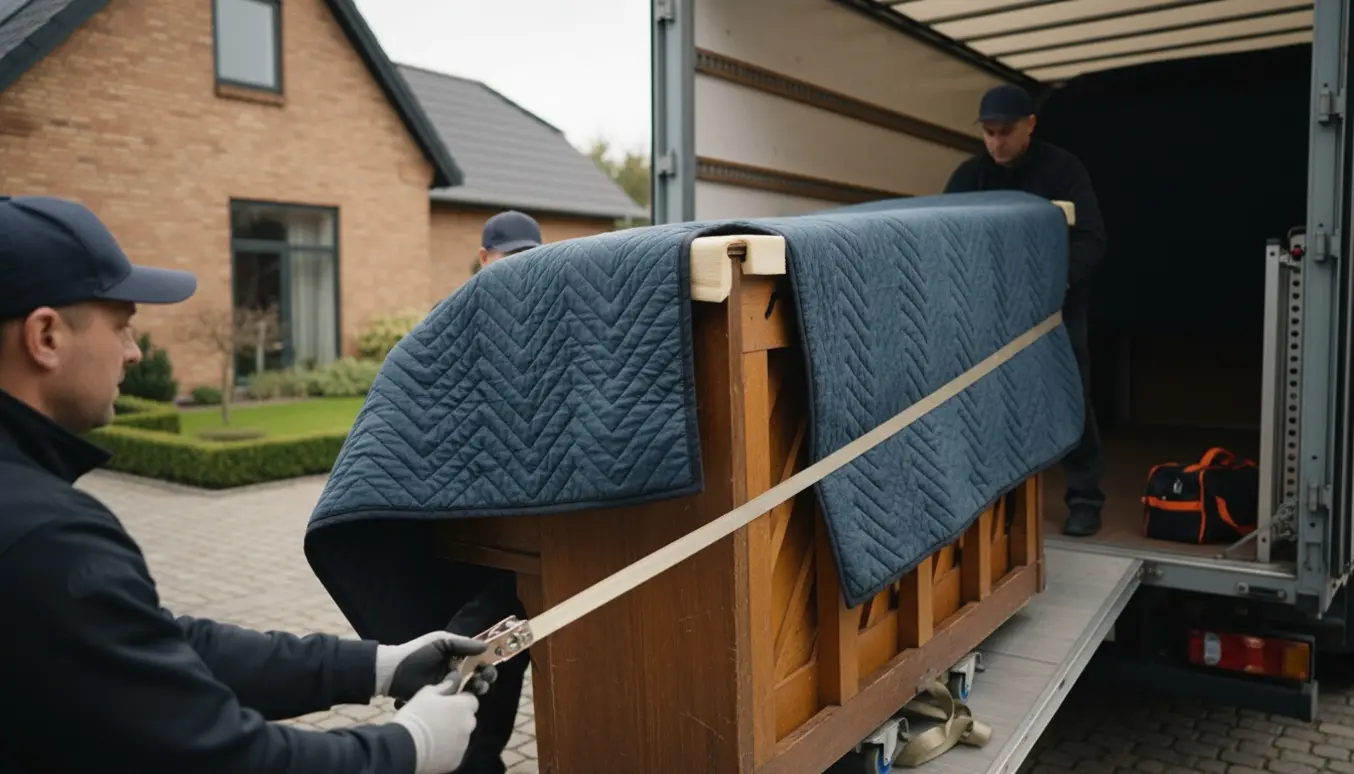 Flyttefolk læsser et indpakket klaver på en flyttebil udenfor et dansk hus.