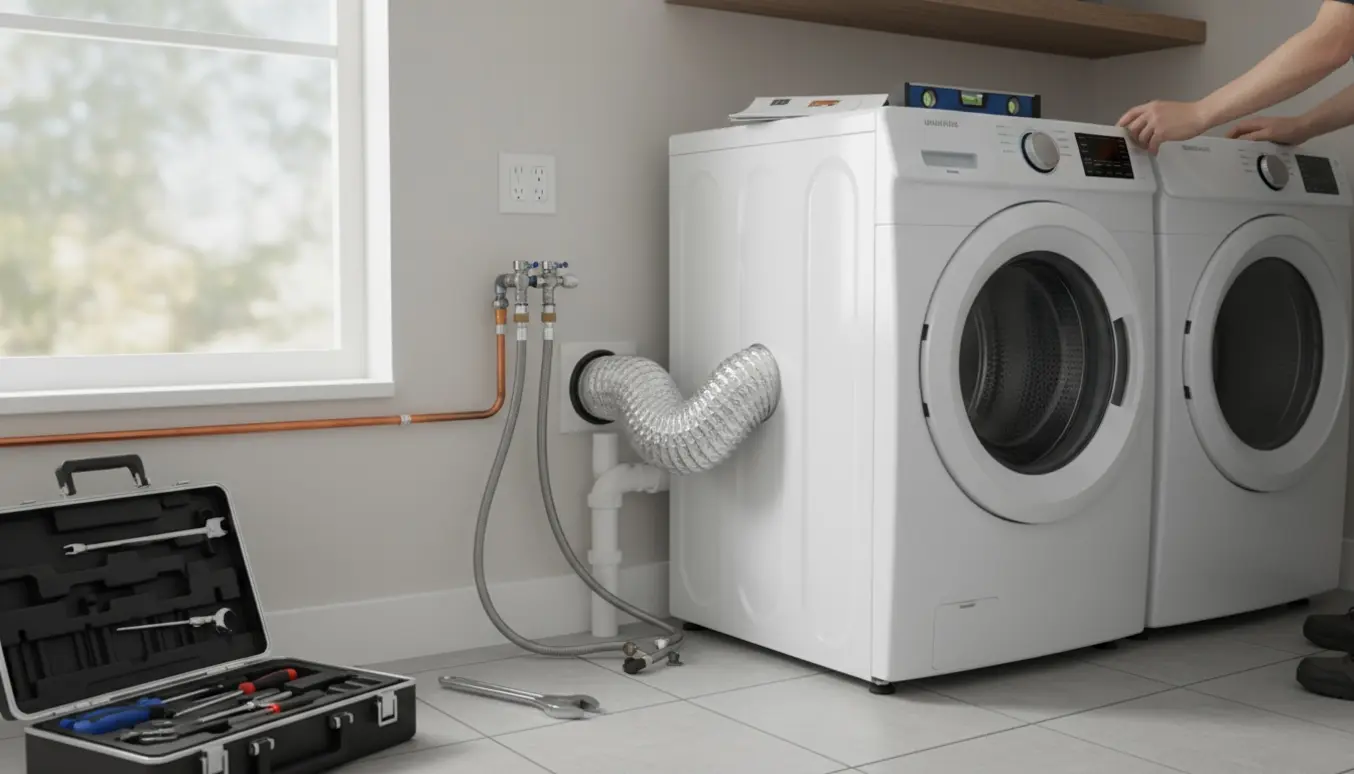 Hænder tilslutter vandslanger og aftræk til en vaskemaskine og tørretumbler i et lyst bryggers.