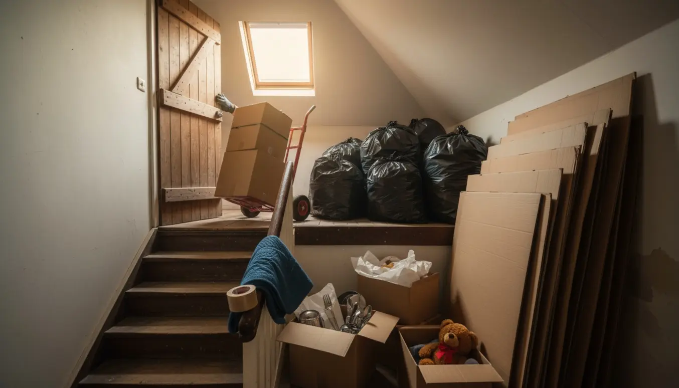Loftsrum på 3. sal med sorte affaldssække, flyttekasser og en trillebør klar til afhentning.