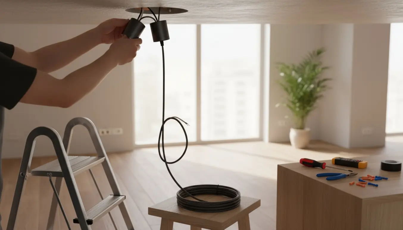 Hænder installerer en pendel lampe med værktøj og en sammenrullet 4–5 meter ledning i en moderne stue.