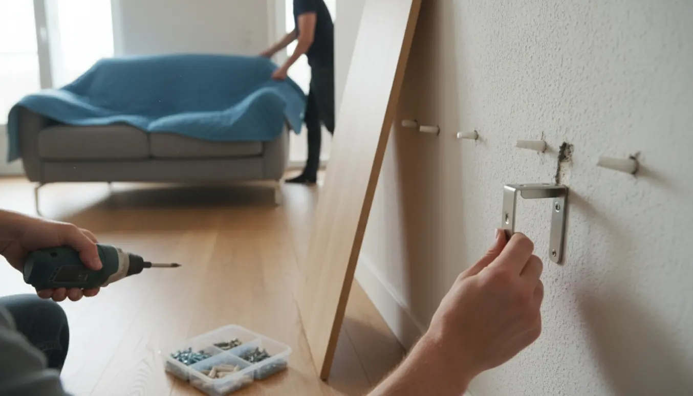 Hænder fjerner en væghylde med skruer og rawlplugs, mens en sofa bringes ind gennem døren.