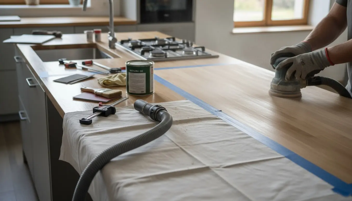 Lang køkkenbordplade under slibning med synligt afslebet træ, slibemaskine, maskering og olie klar til påføring.