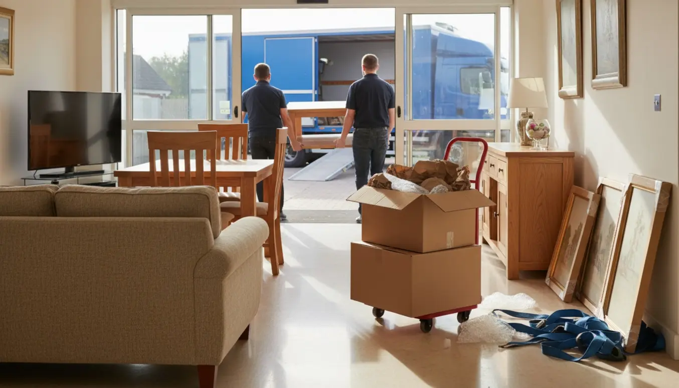 Flyttefolk bærer møbler og pakkede kasser ind gennem indgangen til et plejehjem.