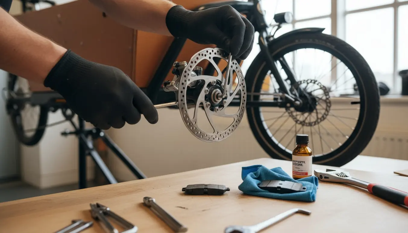 Nærbillede af udskiftning af forreste bremseklodser og rensning af skive på en ladcykel.