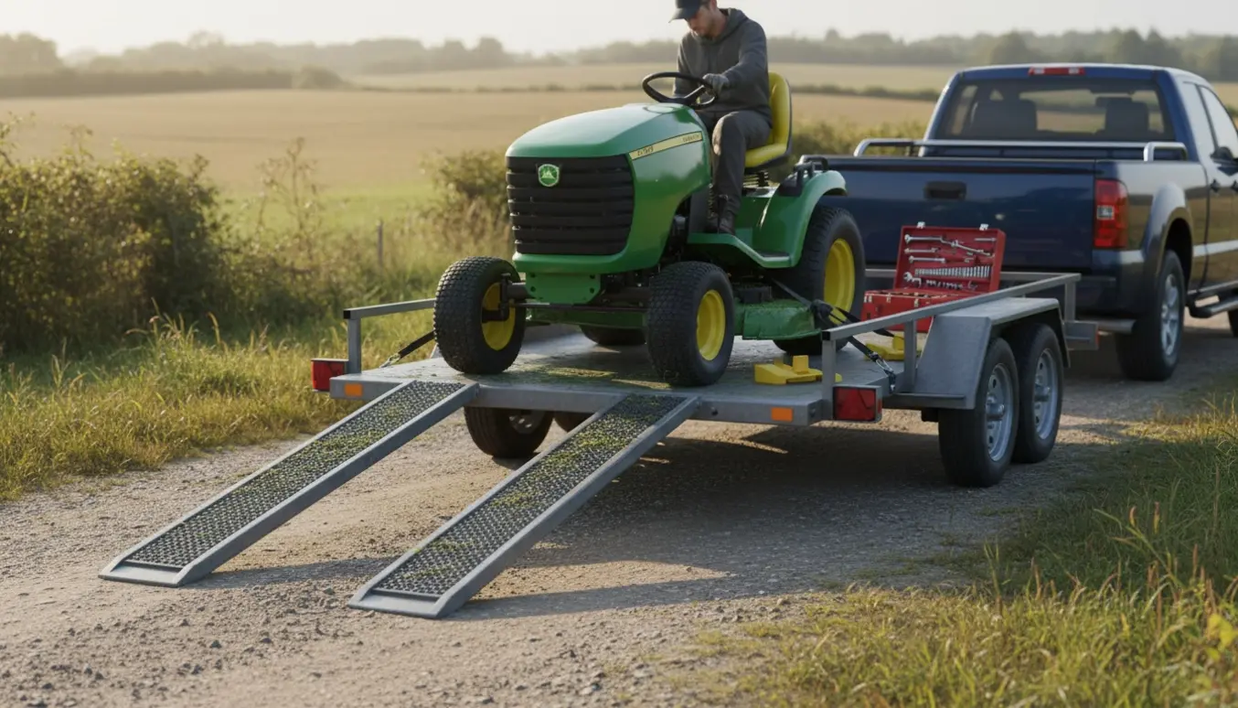 Havetraktor køres op på en trailer ved en landevej, klar til transport mellem landsbyer.