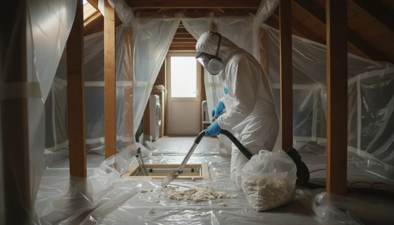 Loftrum hvor en person i beskyttelsesdragt forsigtigt fjerner asbestbelagt isolering ved en åben loftlem.