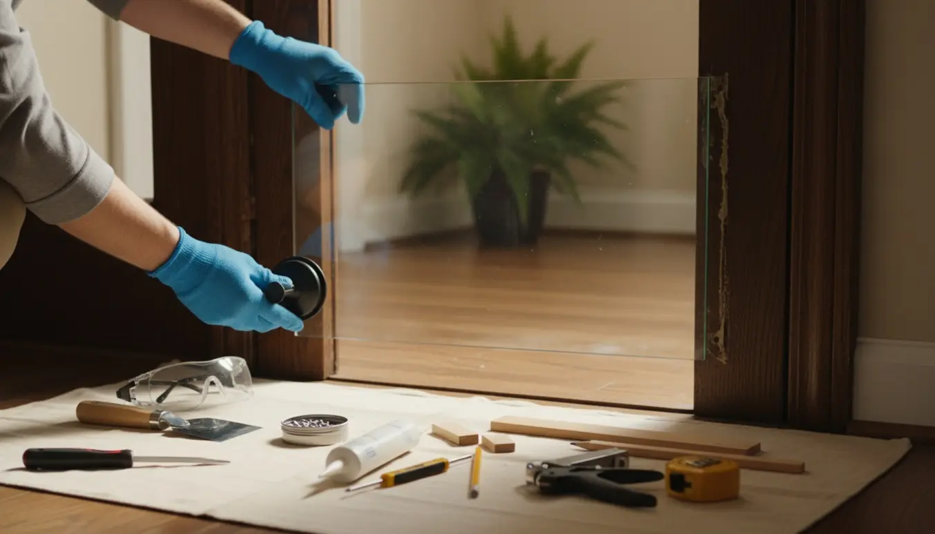 Handskeklædte hænder isætter en ny rude i en indvendig glasdør med værktøj på et underlag.