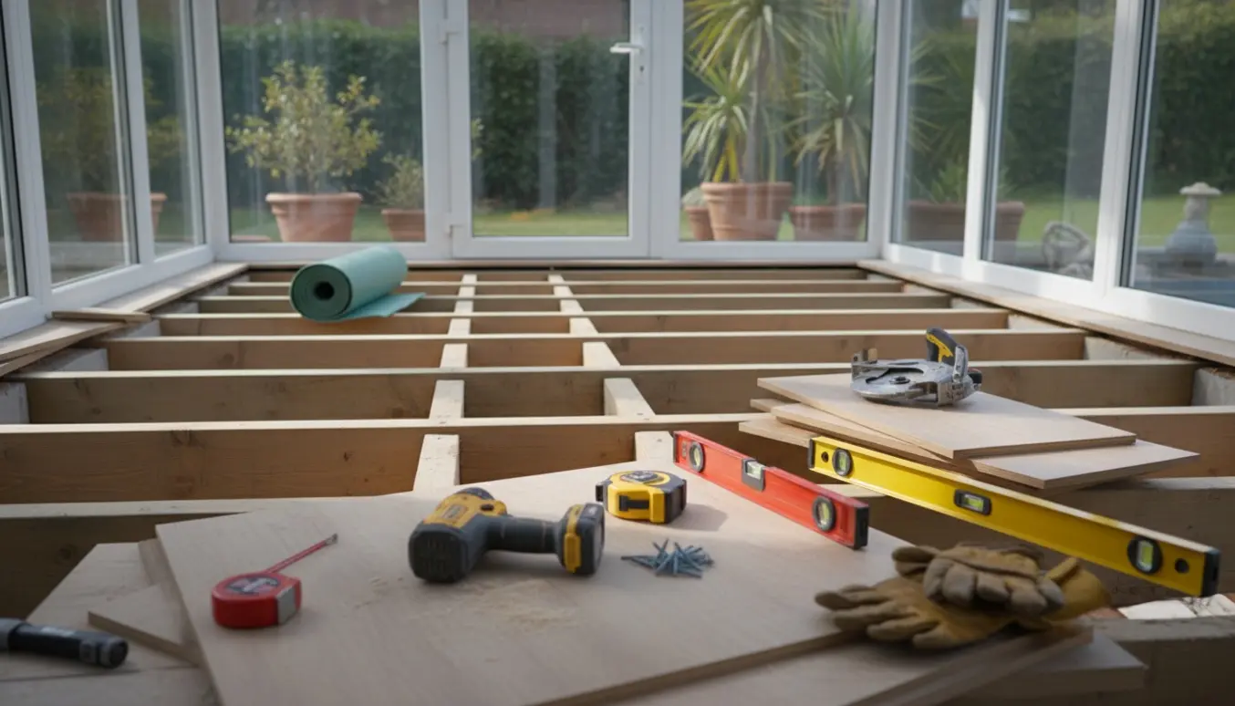 Udestue med ny gulvkonstruktion under opbygning, synlige trækonstruktioner og værktøj klar til montering.