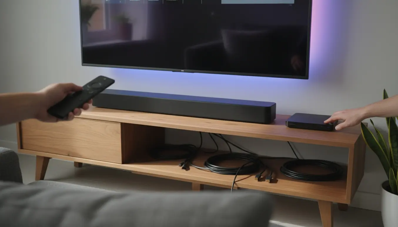 Hænder peger med en fjernbetjening mod et Ambilight-tv med soundbar og set-top-box på en stilren mediemøbel.