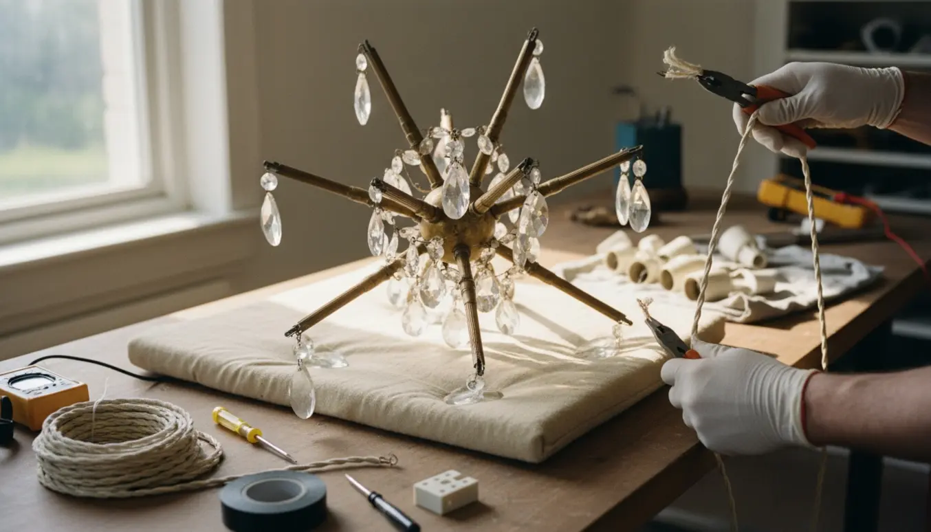 Hænder skifter stofledning på en lysekrone, lagt på et bord med værktøj og nyt kabel.