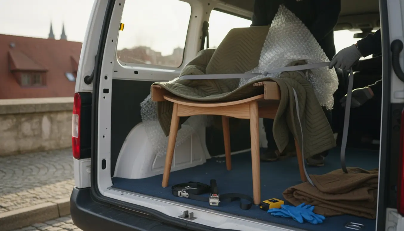 En træstol pakkes forsigtigt i bagagerummet på en lille flyttevogn på en dansk gade.