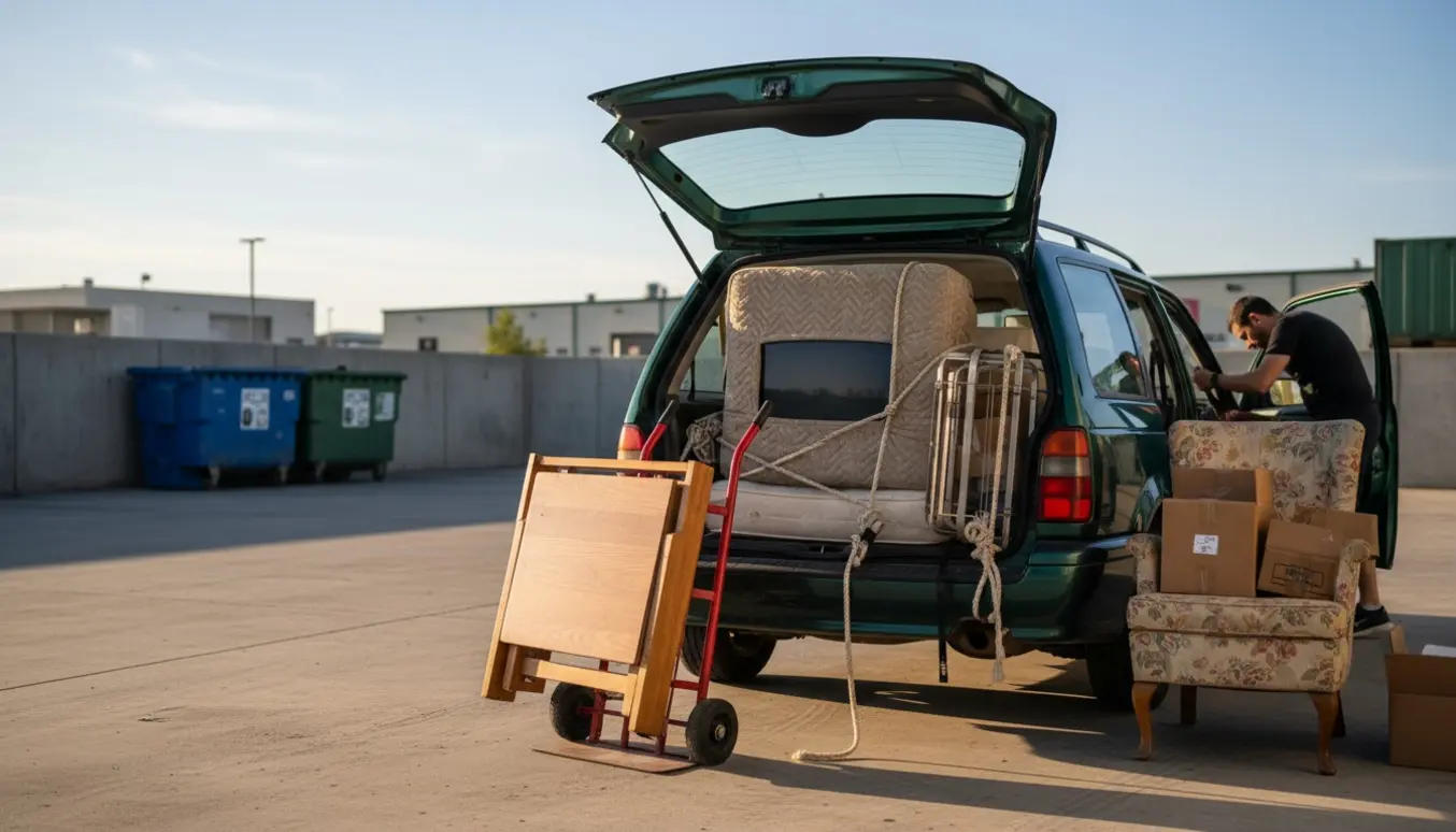 Stationcar læsset med tv, seng, stol og bord ved afleveringsområde til genbrug, personer set bagfra uden synlige ansigter.