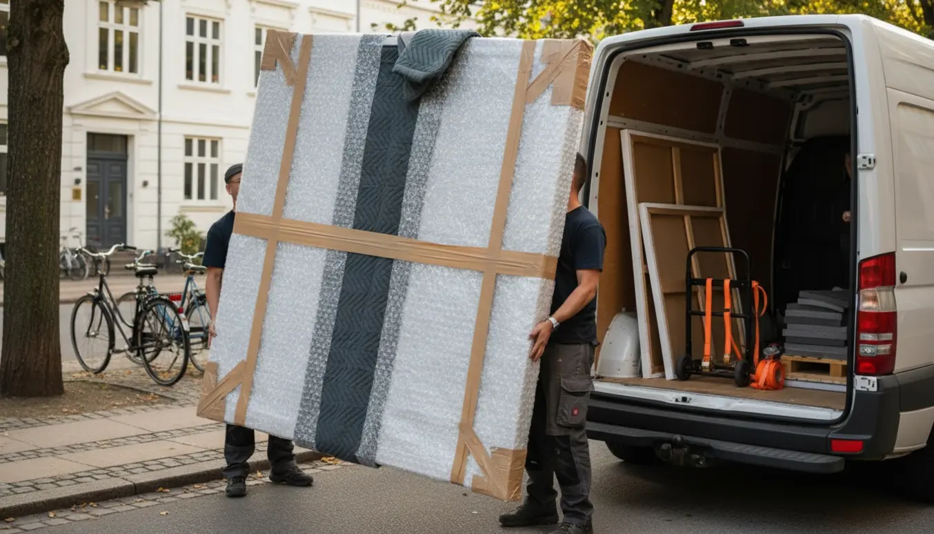 Et stort indpakket maleri bliver læsset ind i en hvid varevogn på en stille københavnsk gade.