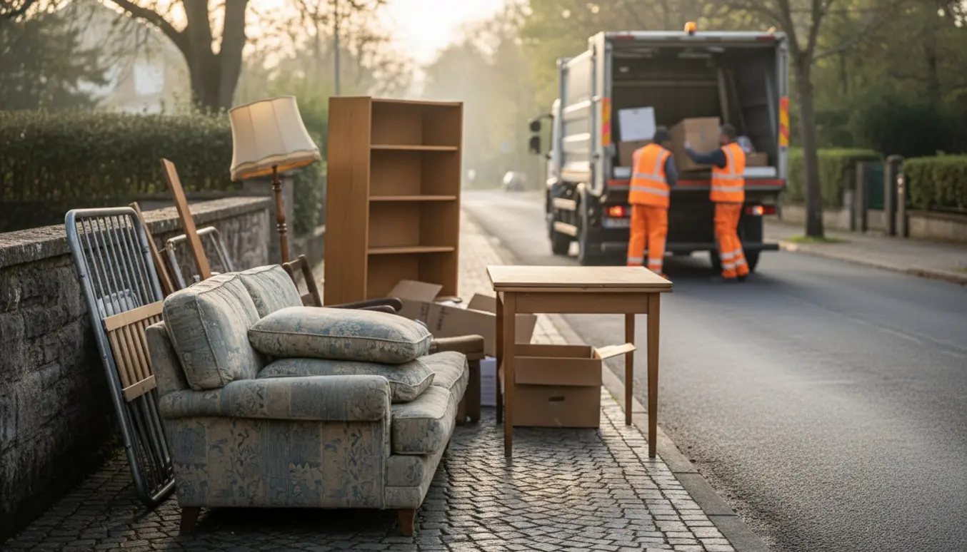 Storskrald på fortovet med sofa, sengestel, spisebord og hylde klar til afhentning.