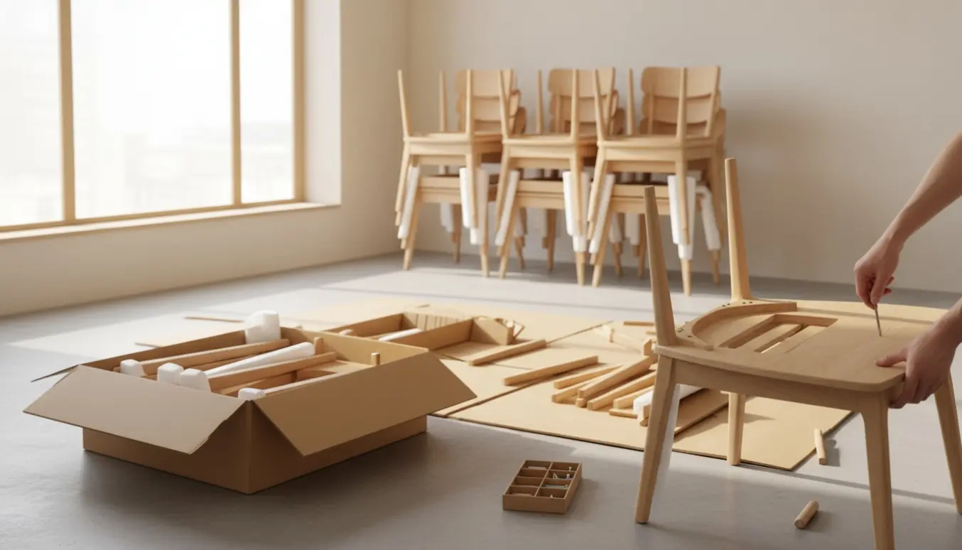 Hænder samler en træstol blandt papkasser og værktøj med stakke af samlede stole i baggrunden.