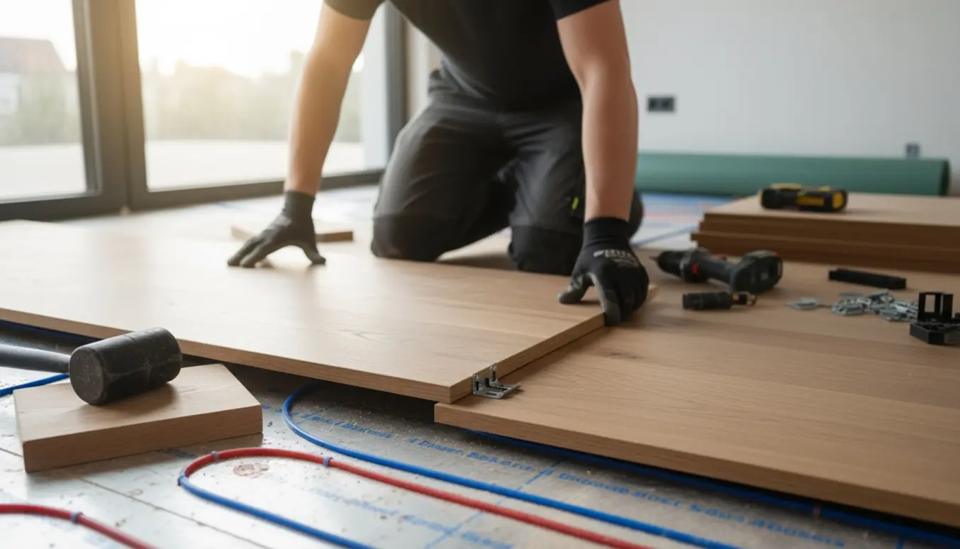 Hænder monterer plankegulv med metalbøjlesystem ovenpå plader med gulvvarmeslanger i et lyst rum.
