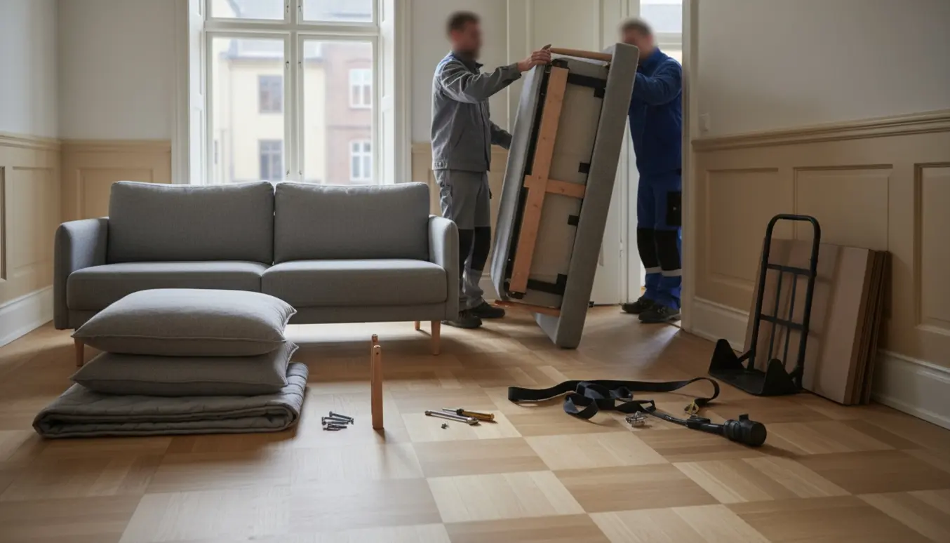 En sofa i to dele flyttes gennem en smal Christianshavn-lejlighed med puder, værktøj og beskyttelsestæpper.