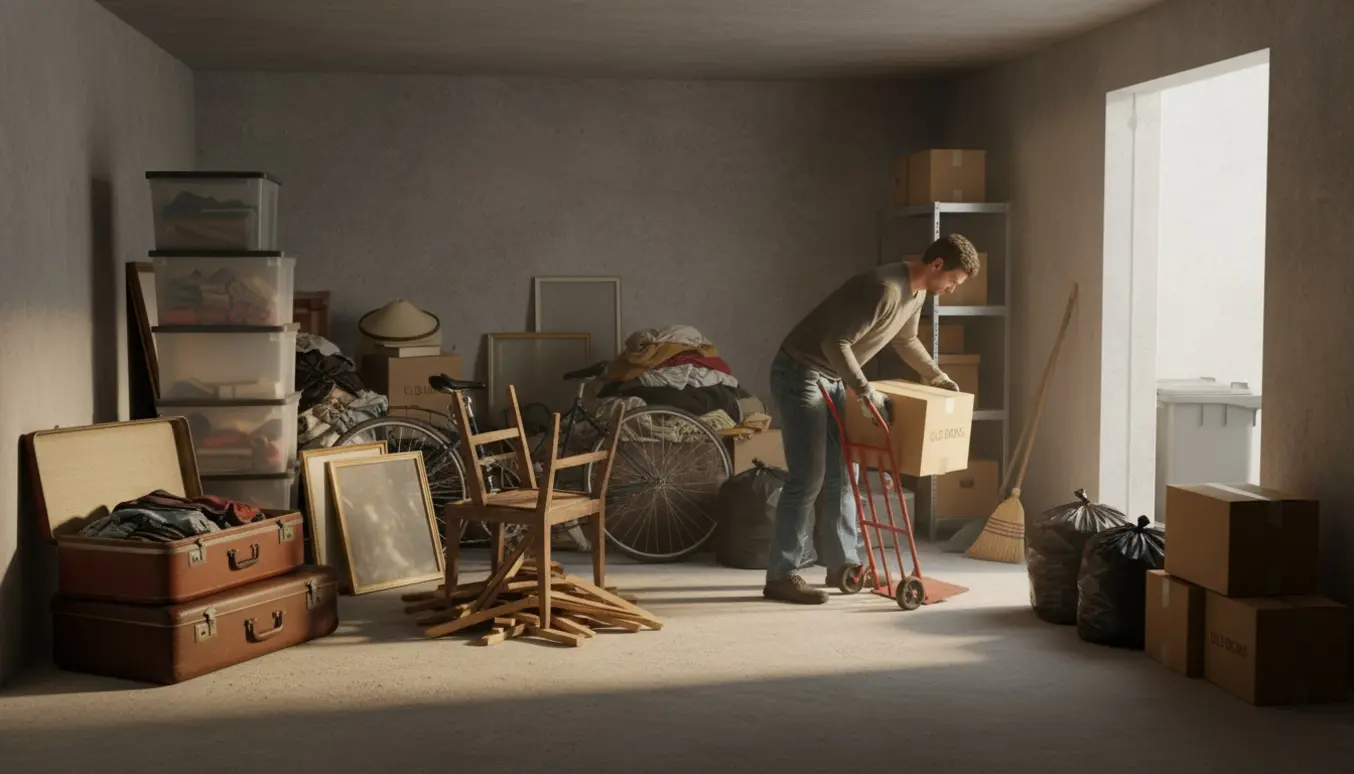 Halvryddet kælderrum på ca. 13 m², hvor en person uden synligt ansigt læsser kasser og fylder sække klar til bortskaffelse.