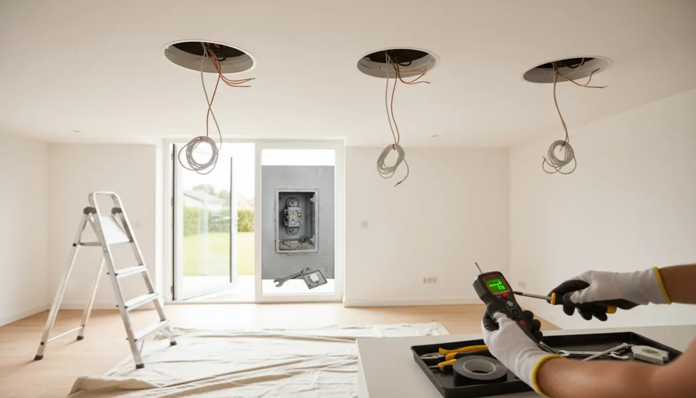 Nærbillede af elektrikerhænders arbejde med at nedtage lamper, tjekke loftledning og reparere en udendørs afbryder.