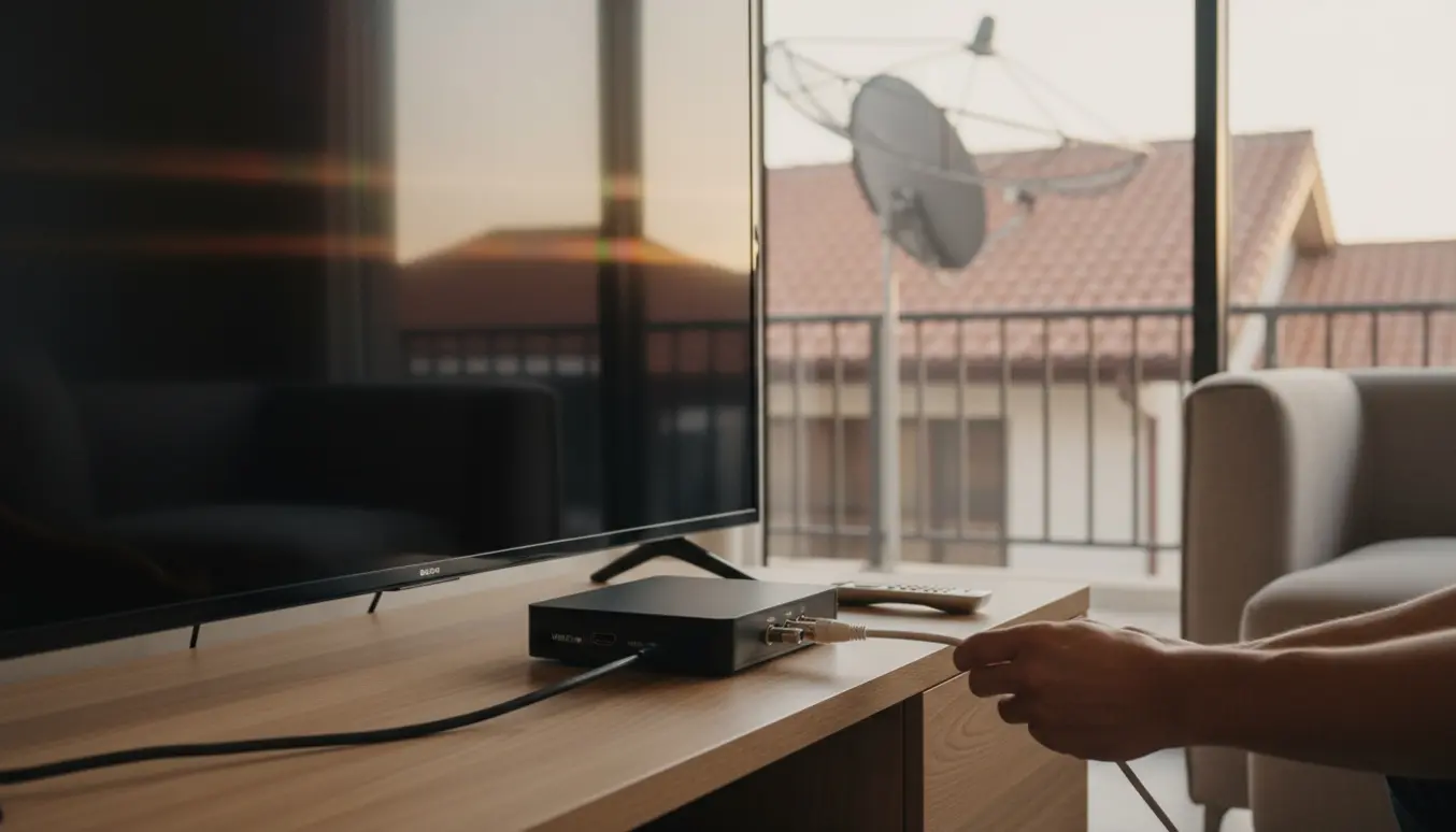Hænder tilslutter HDMI- og koaksialkabler til en ny tv-boks indendørs med parabol synlig gennem vinduet.