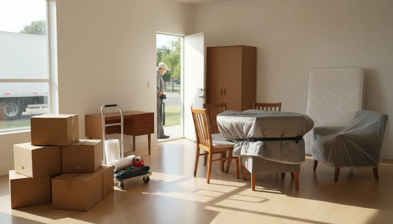 Flyttekasser og indpakkede møbler i en lys lejlighed klar til flytning.