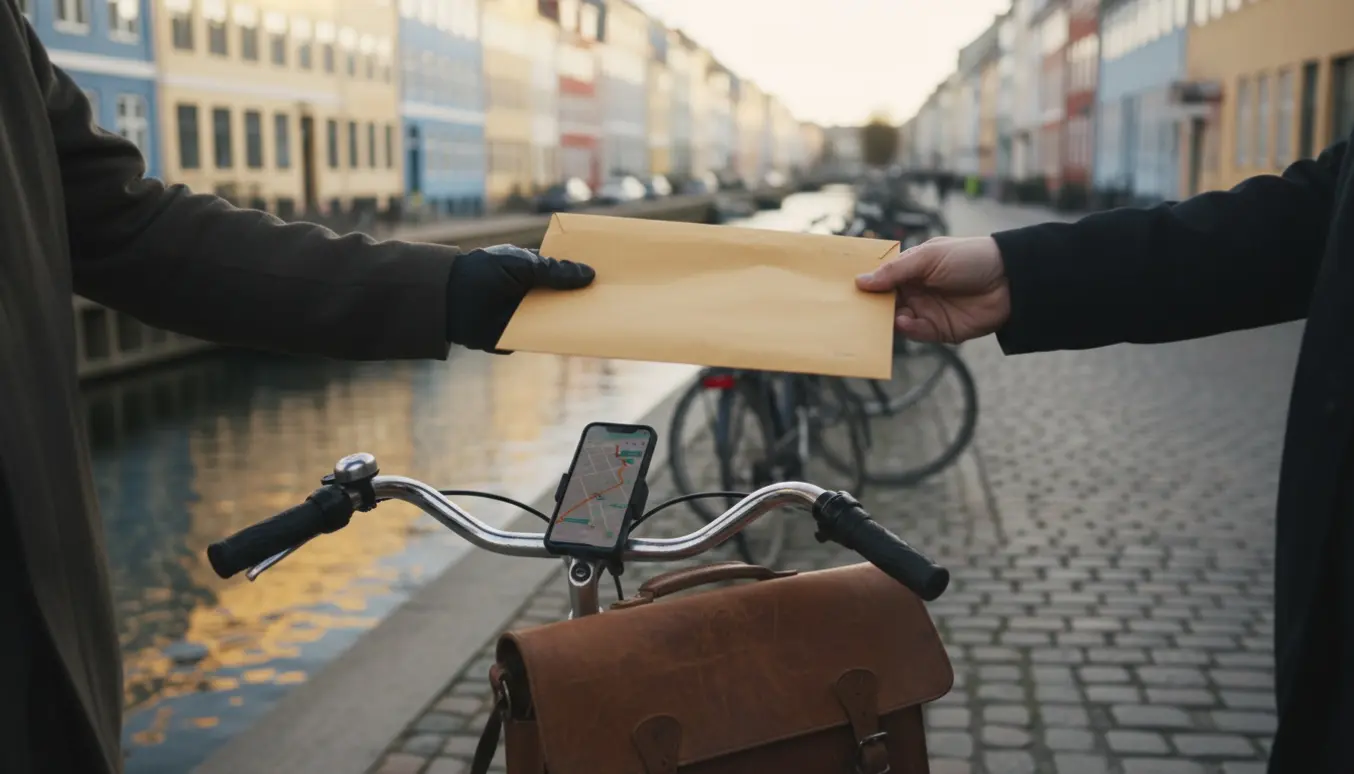Cykelbud i København modtager et forsejlet dokument ved en dør, med telefon på styret der viser en sløret rute.
