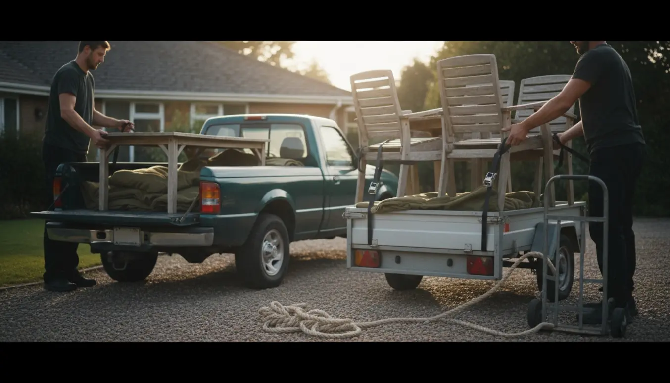 Brugte havemøbler — bord, to trepersoners bænke og to stole — læsses og sikres på en varebil i en indkørsel.