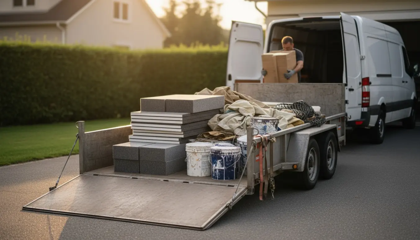Trailer og varebil lastet med akustikplader, malerbøtter og afdækningsmateriale klar til afhentning.