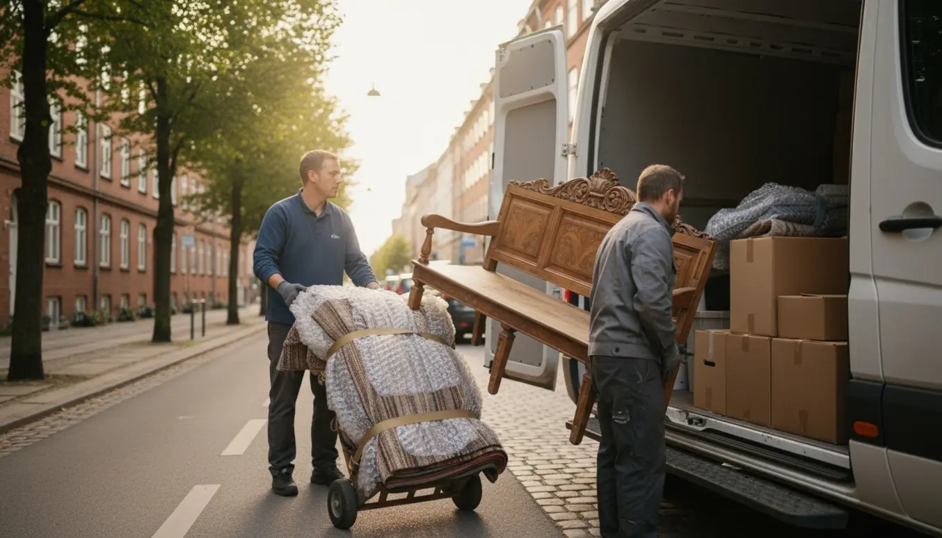 Flytning af en bænk og et lille glasskab pakket i tæppe og på vej ind i en varevogn på en rolig københavnsk gade.