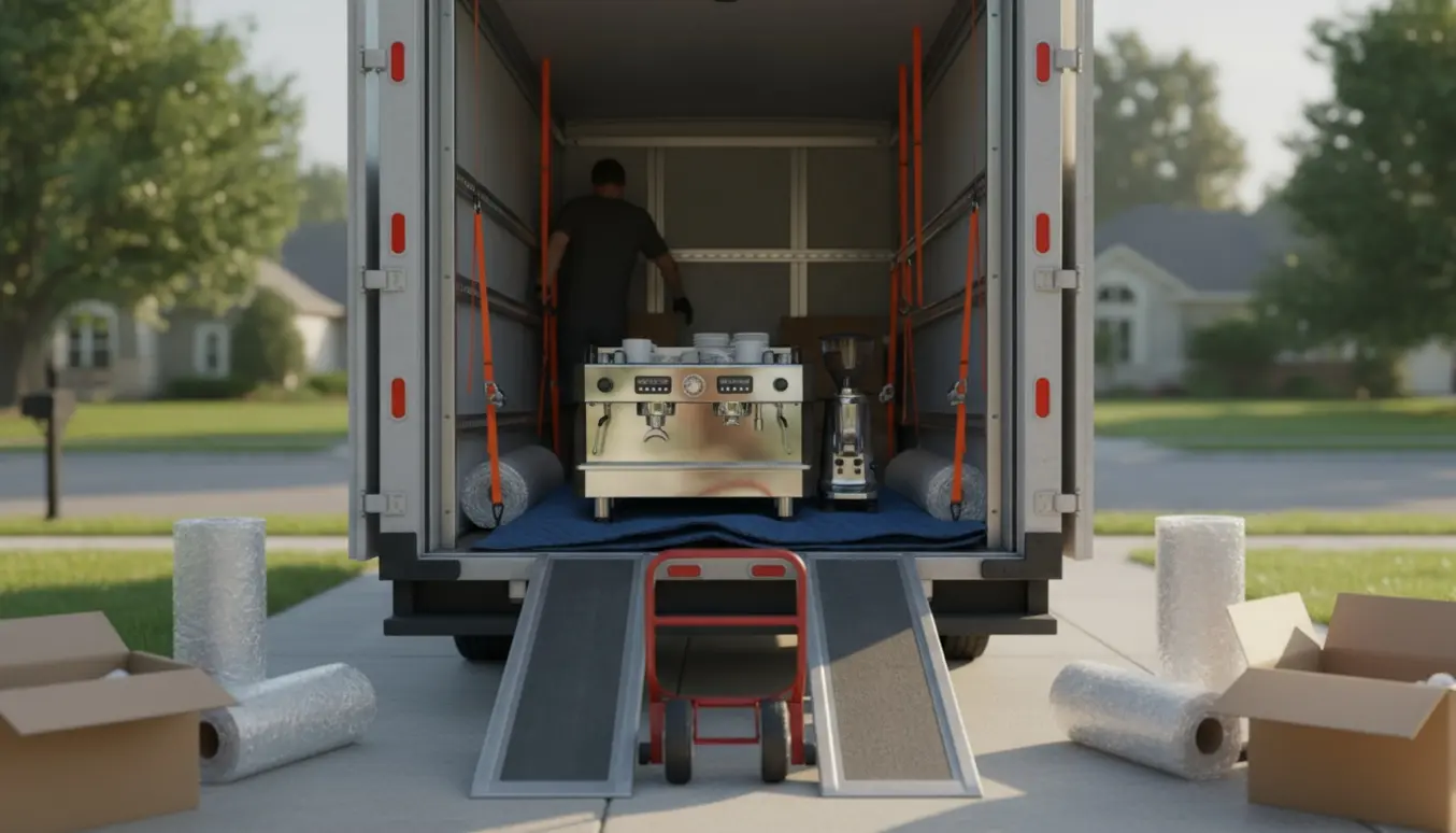 Varebil med espressomaskine og kaffekværn pakket og spændt fast, klar til transport.