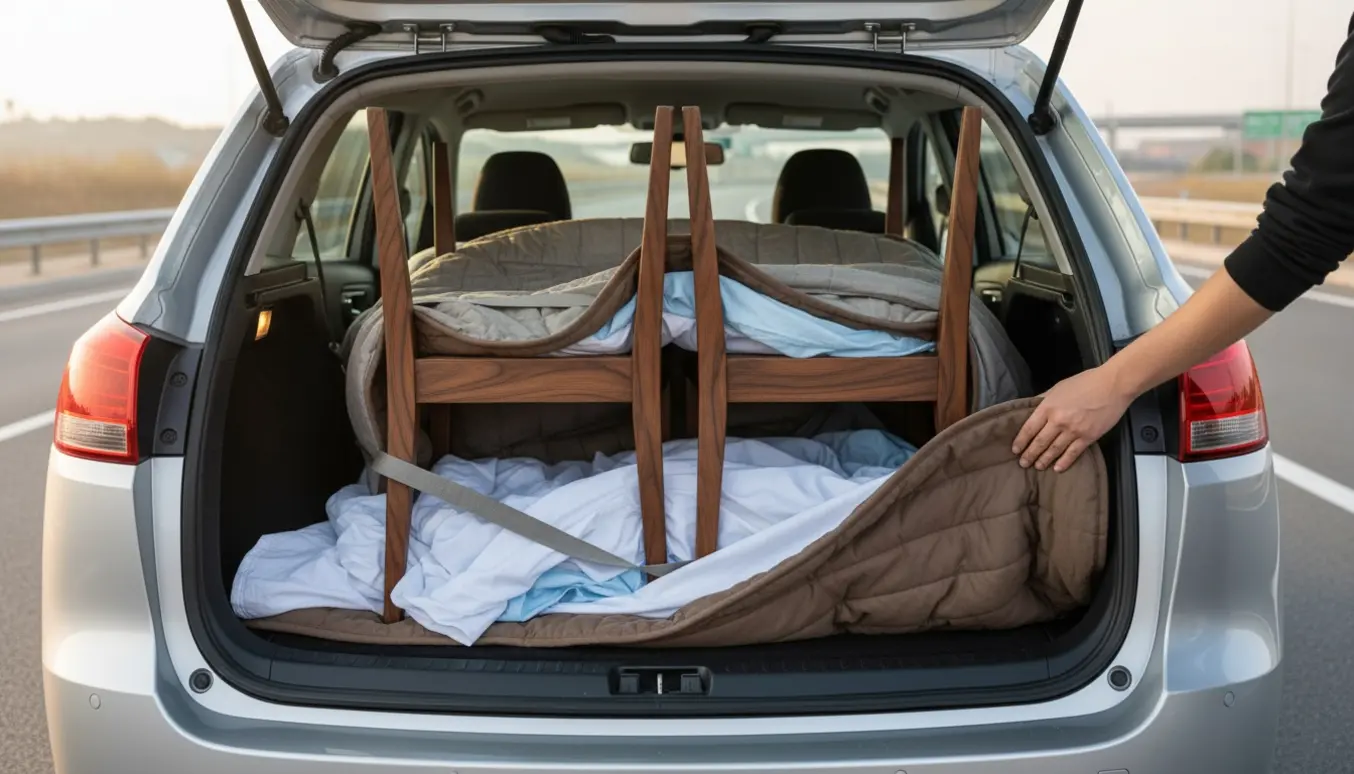 Fire træstole pakket med tæpper i bagagerummet på en bil, klar til afhentning og transport.