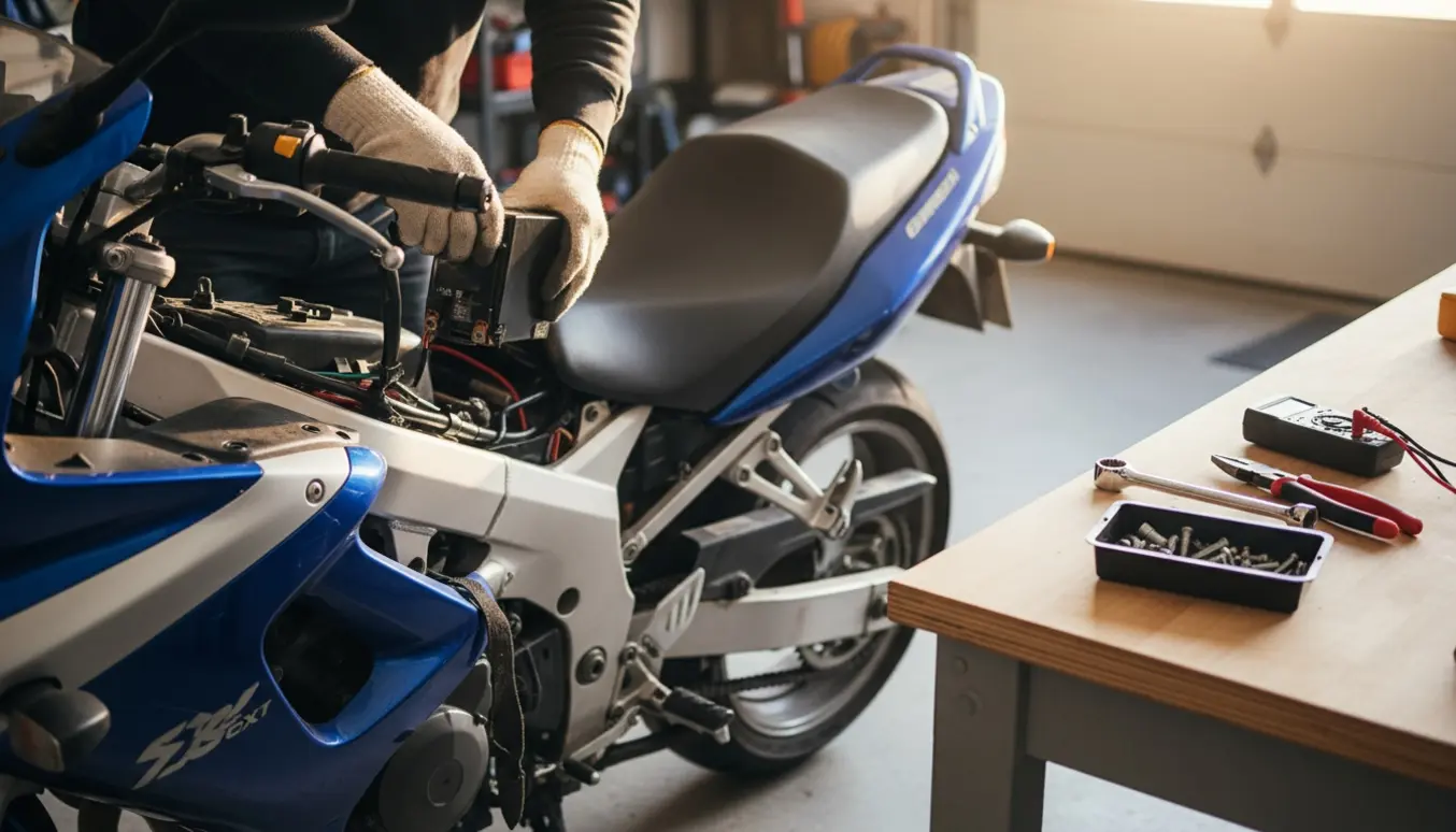 Hænder i handsker fjerner batteriet fra en Suzuki GSX 650F i en veloplyst garage.