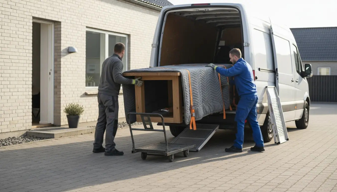 To personer læsser et langt 230 cm træspisebord ind i en varevogn med flyttekasser, tæpper og remme.