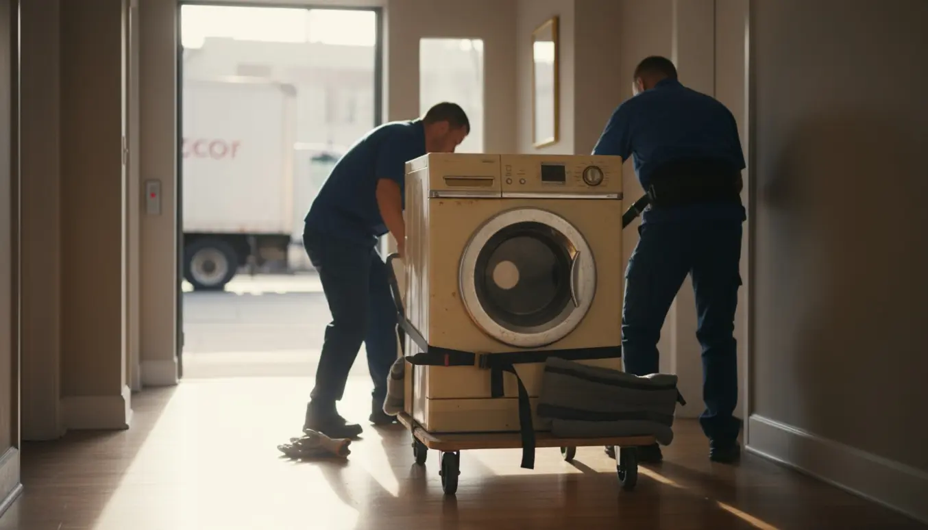 Flyttemænd læsser en tung vaskemaskine ind i elevatoren på en opgang med handtruck og beskyttelsestæpper.