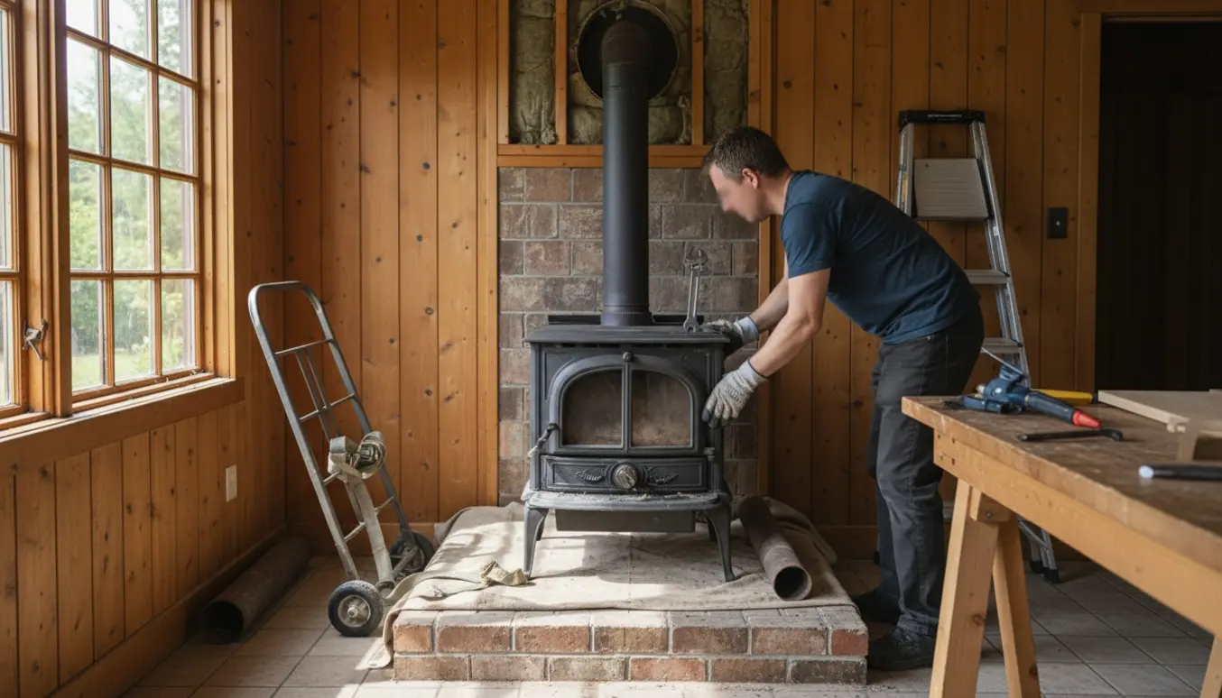 Håndværker fjerner en brændeovn i et lyst træbeklædt sommerhus med værktøj og afdækning klar.